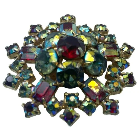 Vintage Aurora Borealis Brooch AB Red Blue Green Austrian MCM 1 3/4" GORGEOUS! - Picture 2 of 8